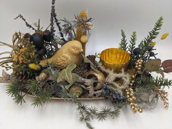 Herbstgesteck Vogel Gräser Heide gold gelb