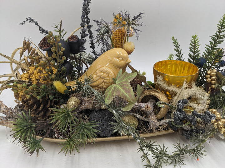 Herbstgesteck Vogel Gräser Heide gold gelb