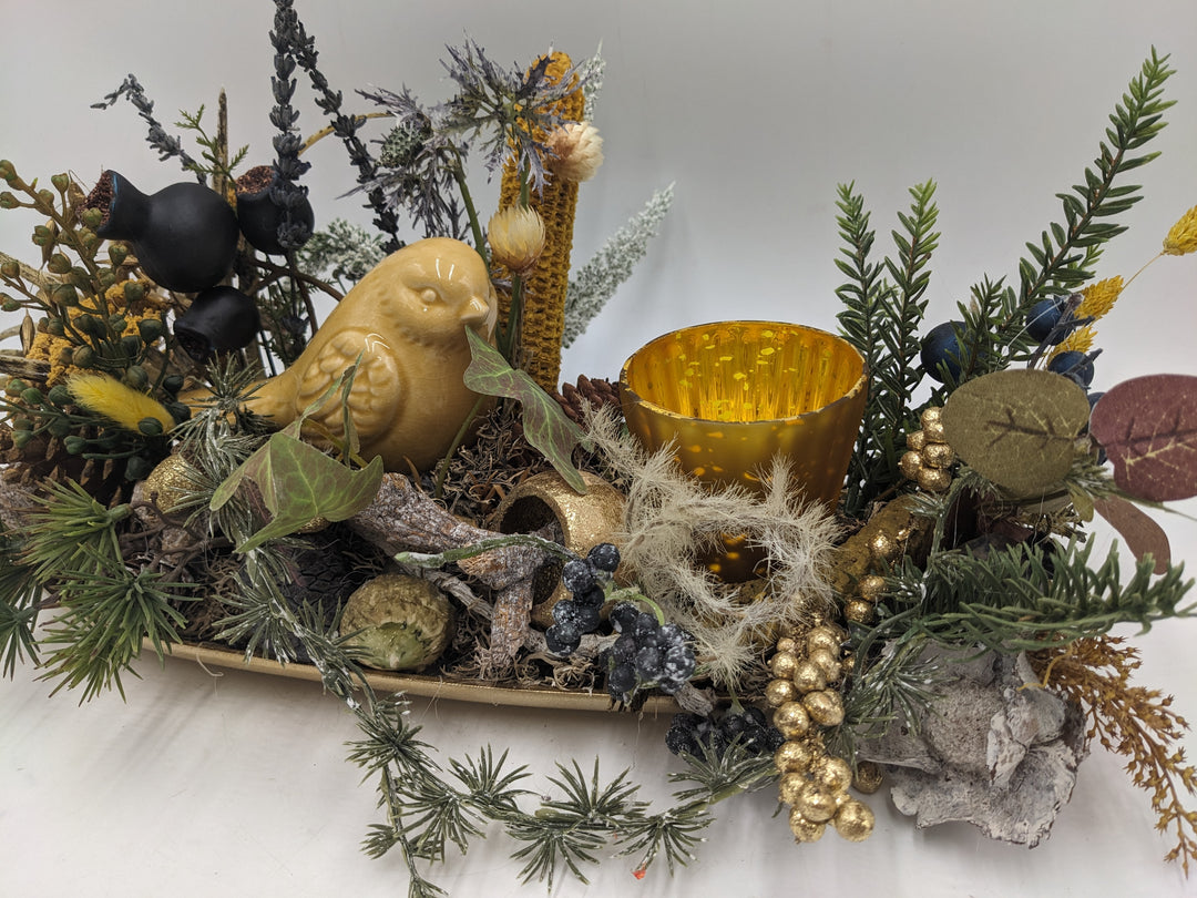 Herbstgesteck Vogel Gräser Heide gold gelb