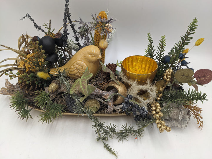 Herbstgesteck Vogel Gräser Heide gold gelb