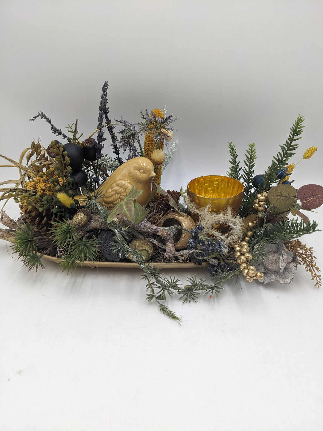 Herbstgesteck Vogel Gräser Heide gold gelb