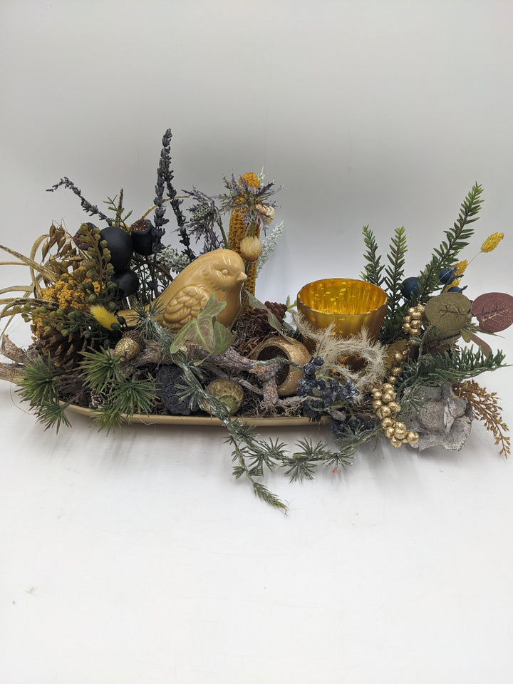 Herbstgesteck Vogel Gräser Heide gold gelb