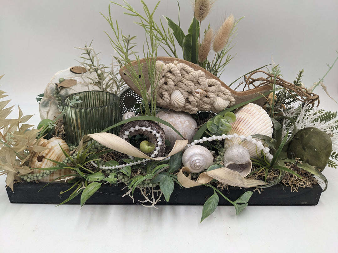 Sommergesteck Fisch Teelicht Gräser maritim