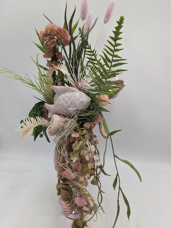 Sommergesteck Fisch Gräser Sedum maritim rosa