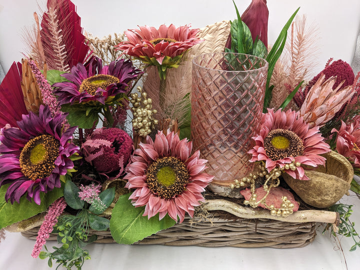 Sommergesteck Sonnenblumen Teelicht rosa