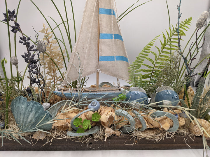Sommergesteck Schiff Fische maritim blau