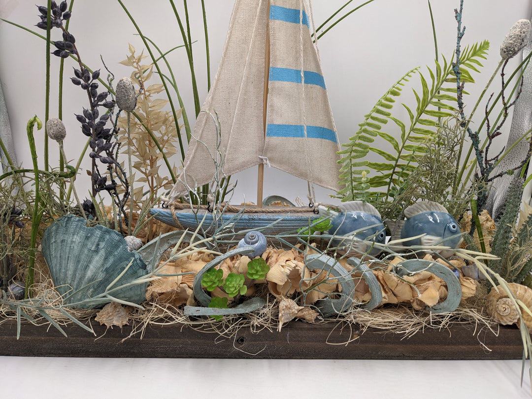 Sommergesteck Schiff Fische maritim blau