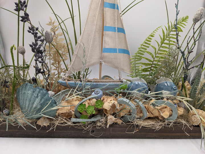 Sommergesteck Schiff Fische maritim blau