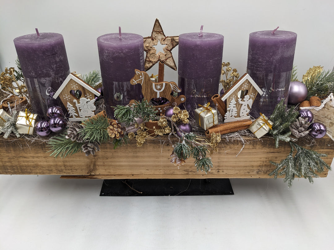 Adventsgesteck Zimt natur lila gold