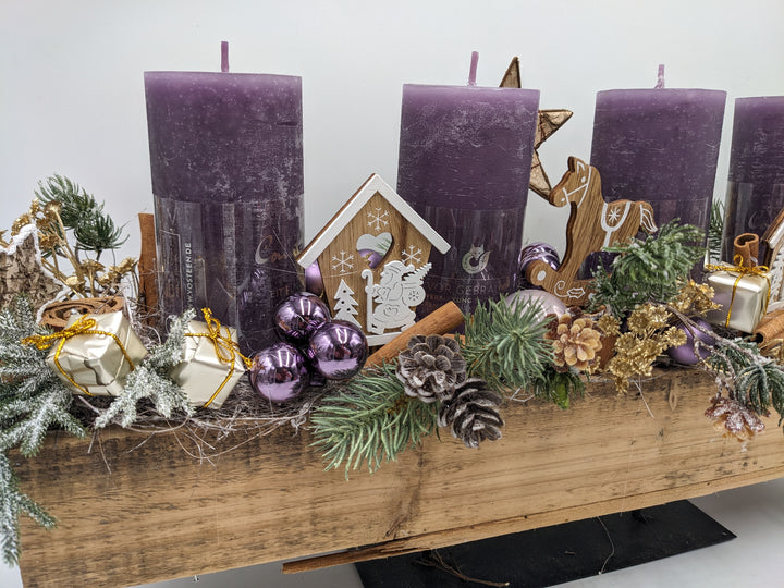 Adventsgesteck Zimt natur lila gold