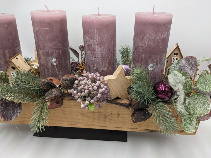 Adventsgesteck Häuser natur altrosa