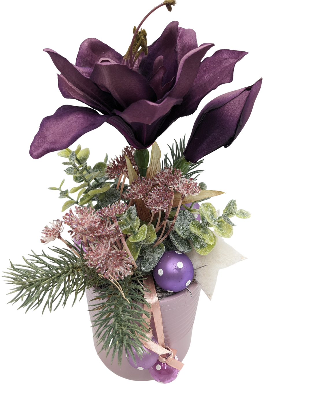 Wintergesteck Amaryllis Stern Kugeln lila