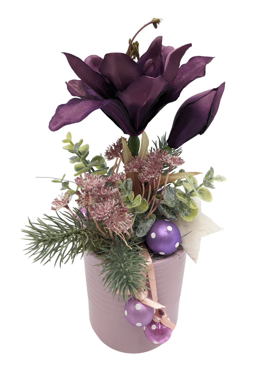Wintergesteck Amaryllis Stern Kugeln lila