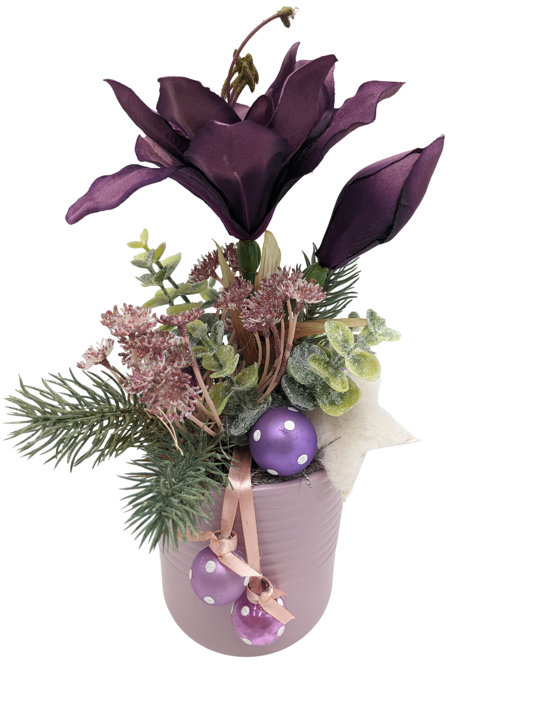 Wintergesteck Amaryllis Stern Kugeln lila