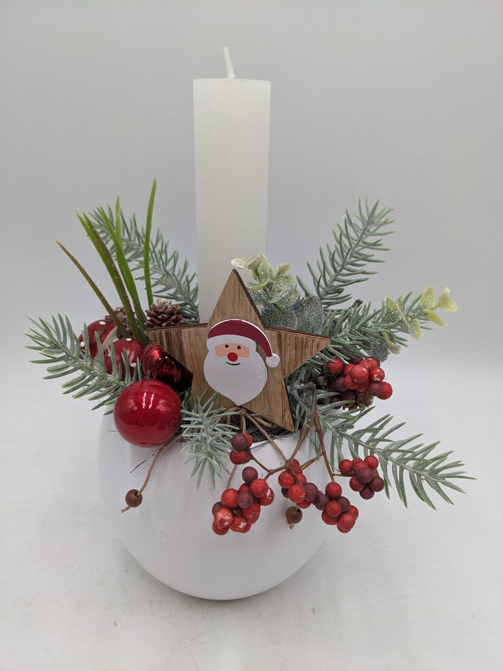 Weihnachtsgesteck Beeren Pilze Stern rot weiss