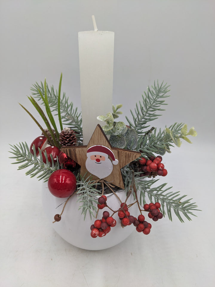 Weihnachtsgesteck Beeren Pilze Stern rot weiss