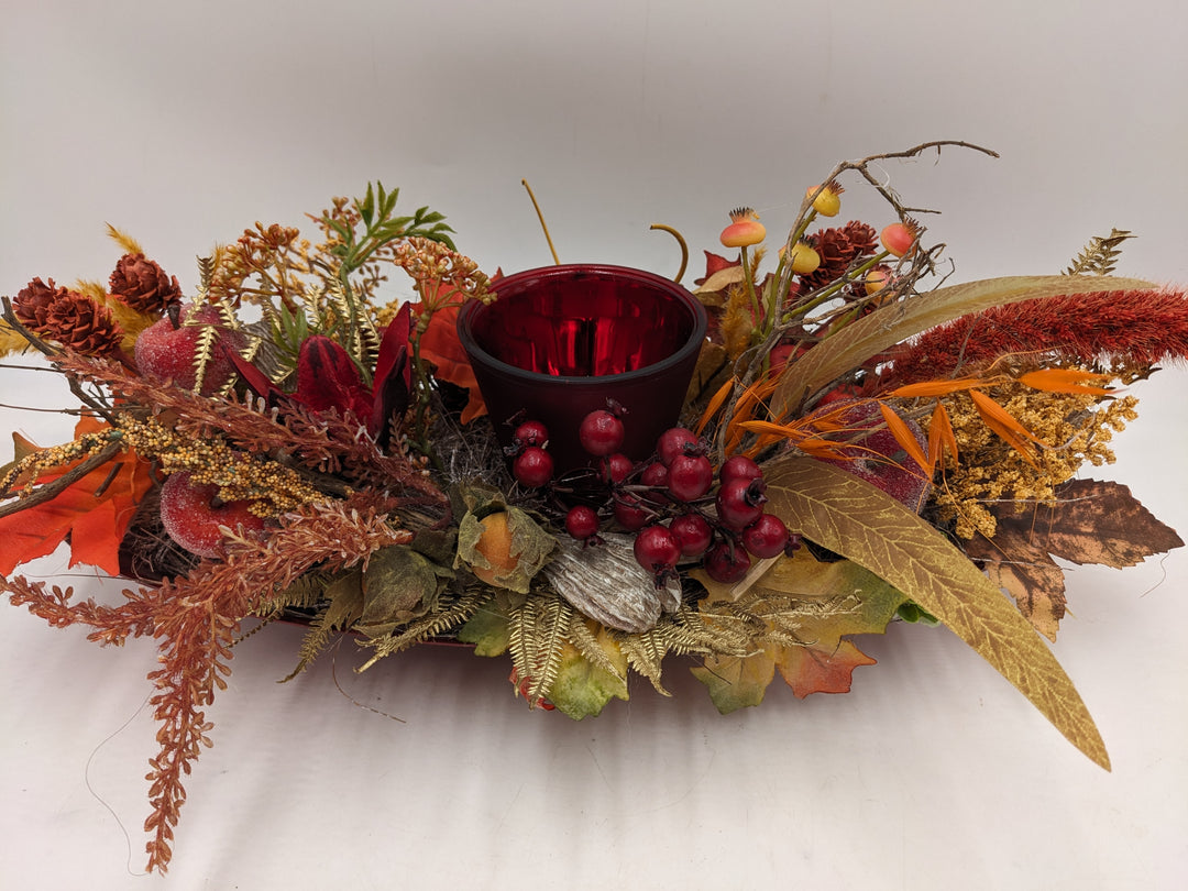 Herbstgesteck Teelicht Äpfel Beeren rot orange