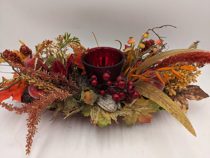 Herbstgesteck Teelicht Äpfel Beeren rot orange