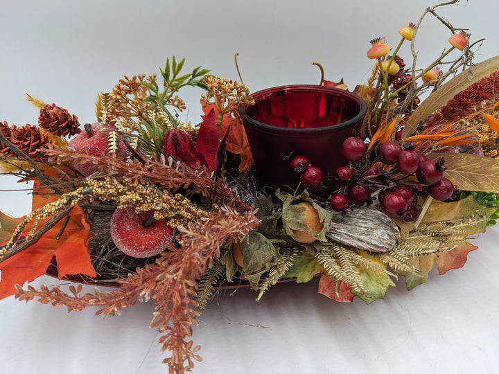 Herbstgesteck Teelicht Äpfel Beeren rot orange