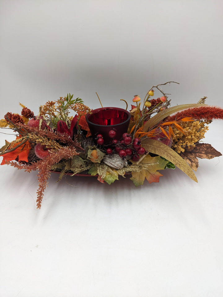 Herbstgesteck Teelicht Äpfel Beeren rot orange