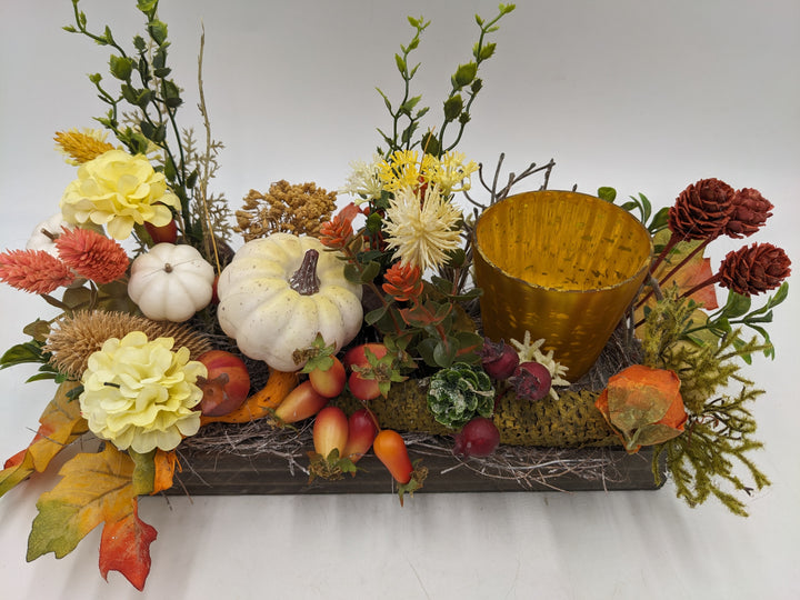 Herbstgesteck Kürbis Teelicht gelb orange