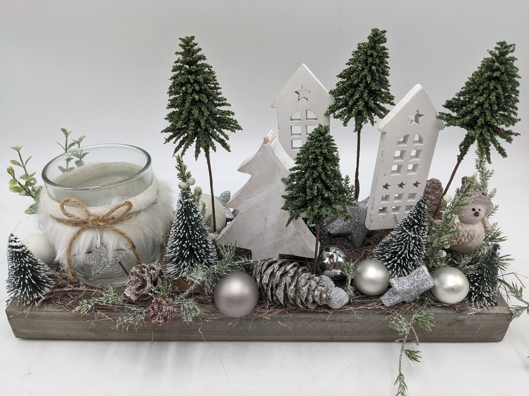 Wintergesteck Teelicht Bäume Eule silber weiss