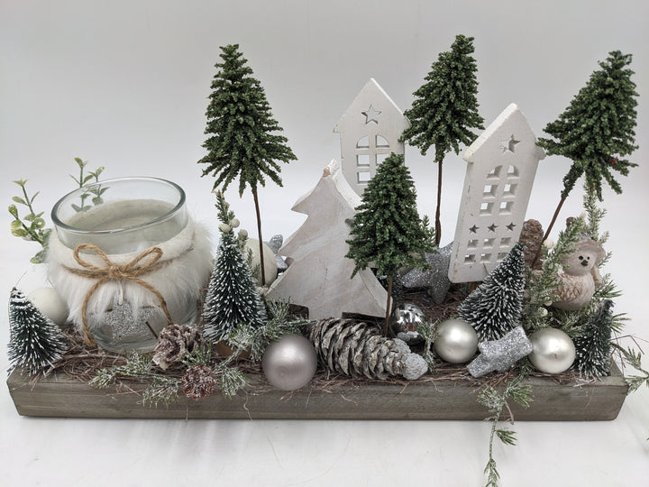 Wintergesteck Teelicht Bäume Eule silber weiss