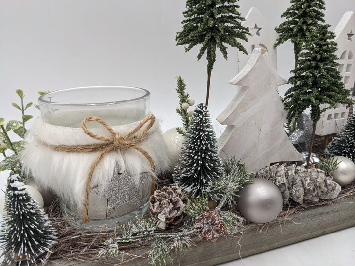 Wintergesteck Teelicht Bäume Eule silber weiss