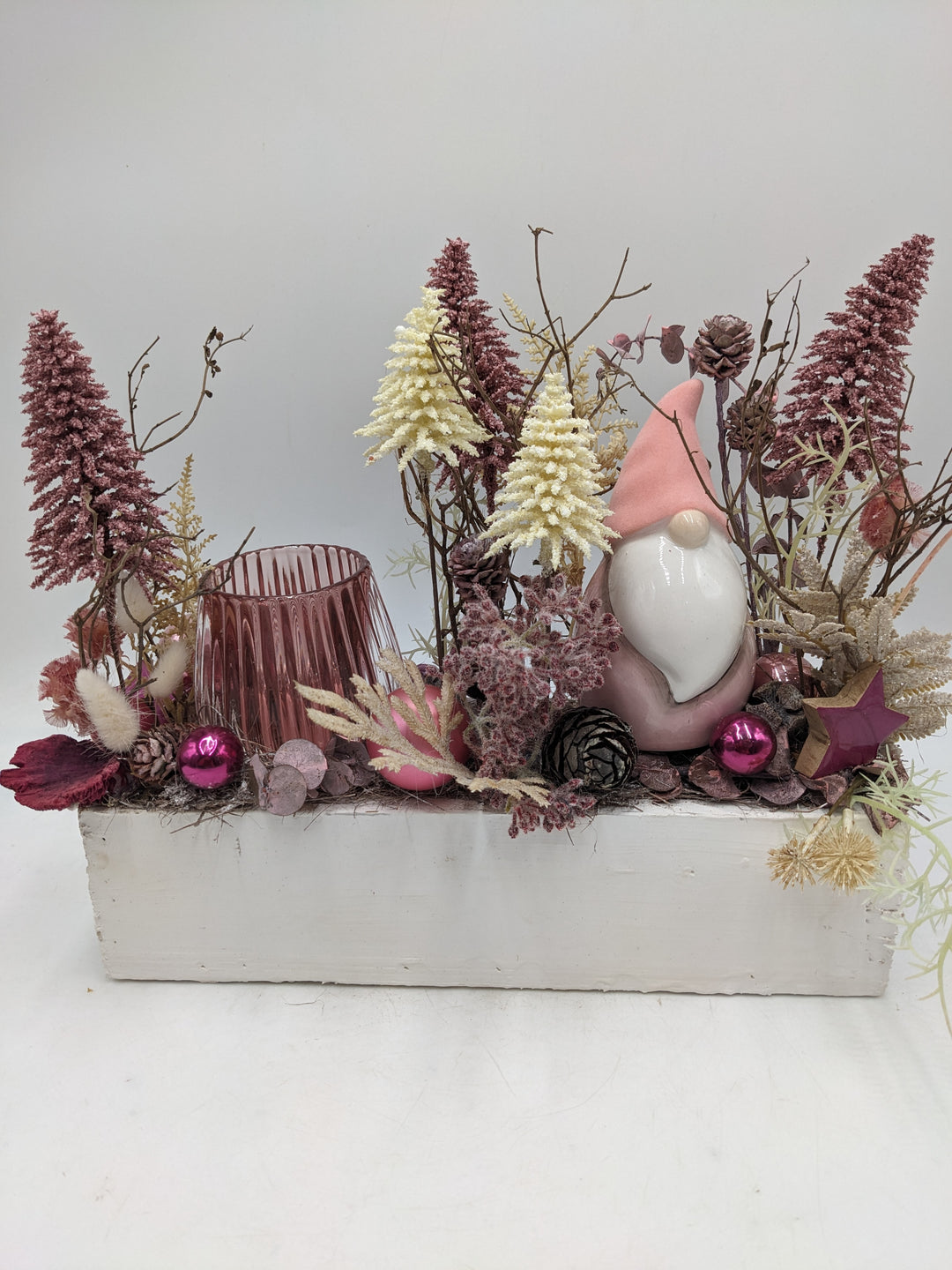 Weihnachtsgesteck Teelicht W-Mann Bäume rosa