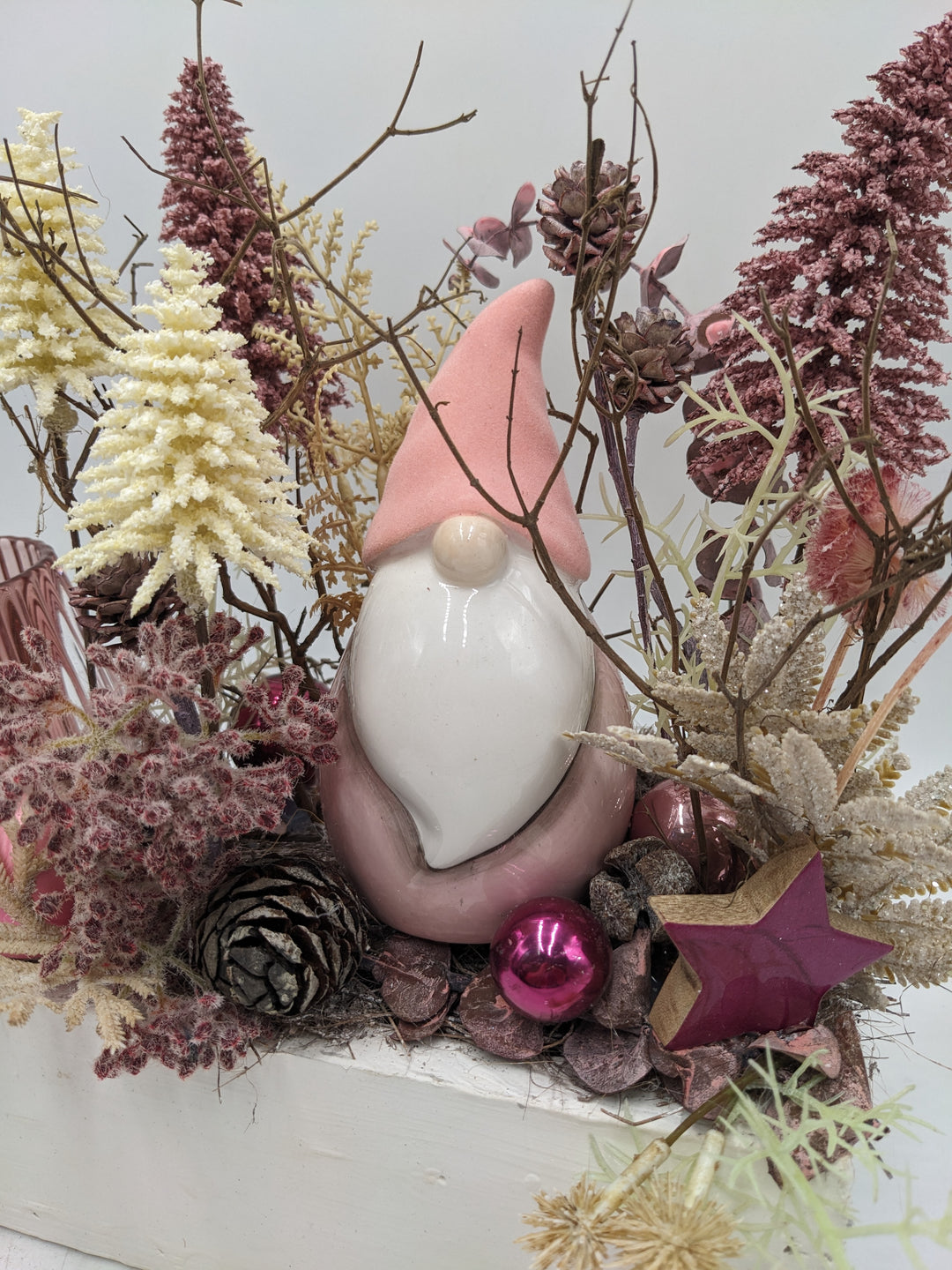 Weihnachtsgesteck Teelicht W-Mann Bäume rosa