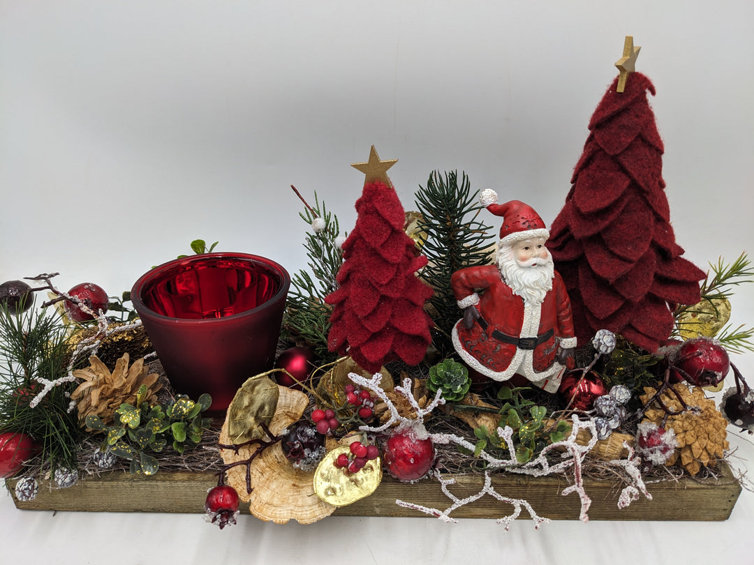Weihnachtsgesteck W-Mann Teelicht Bäume rot