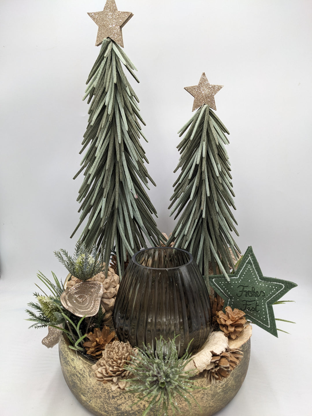 Weihnachtsgesteck Teelicht Bäume Stern gold grün