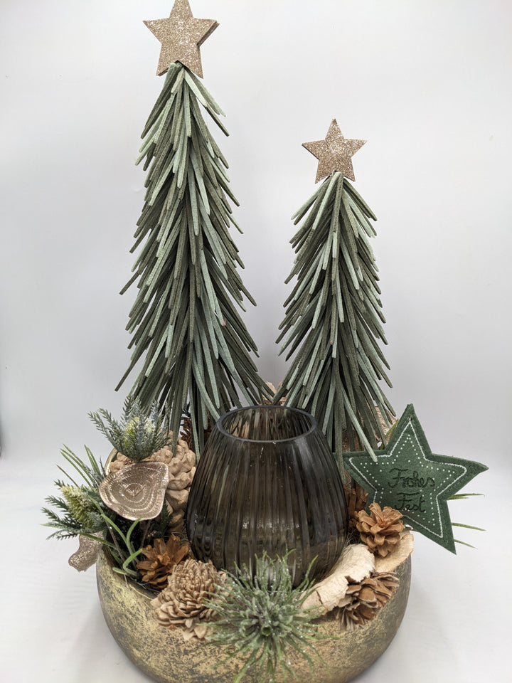Weihnachtsgesteck Teelicht Bäume Stern gold grün