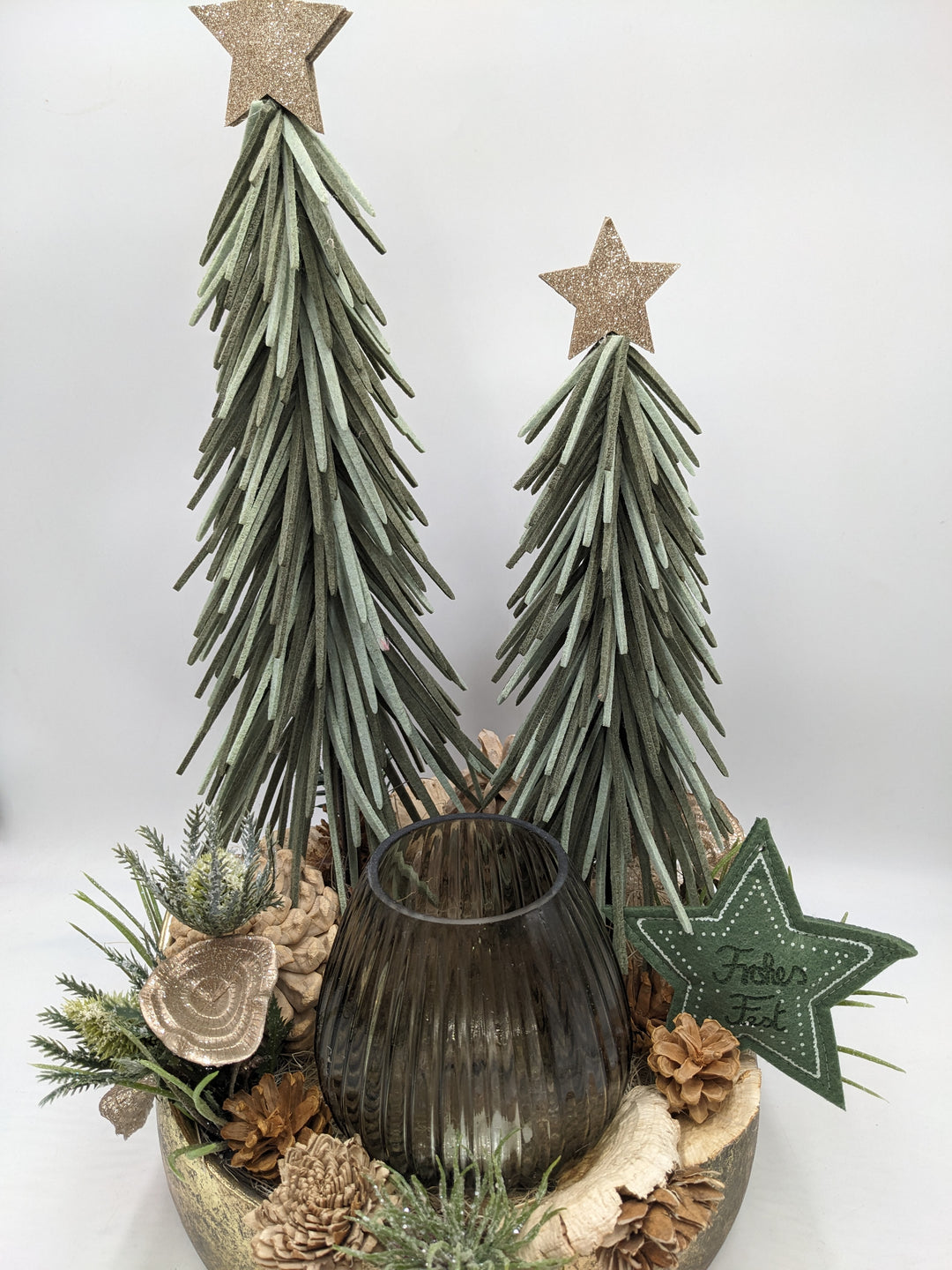 Weihnachtsgesteck Teelicht Bäume Stern gold grün