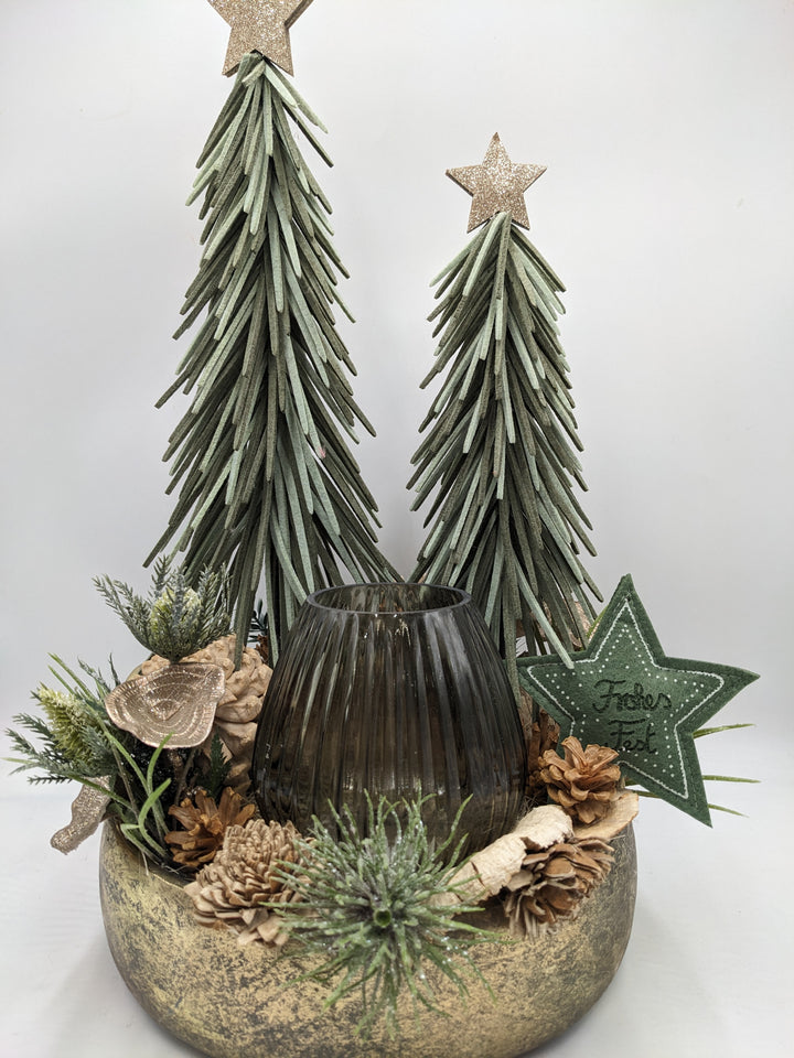 Weihnachtsgesteck Teelicht Bäume Stern gold grün