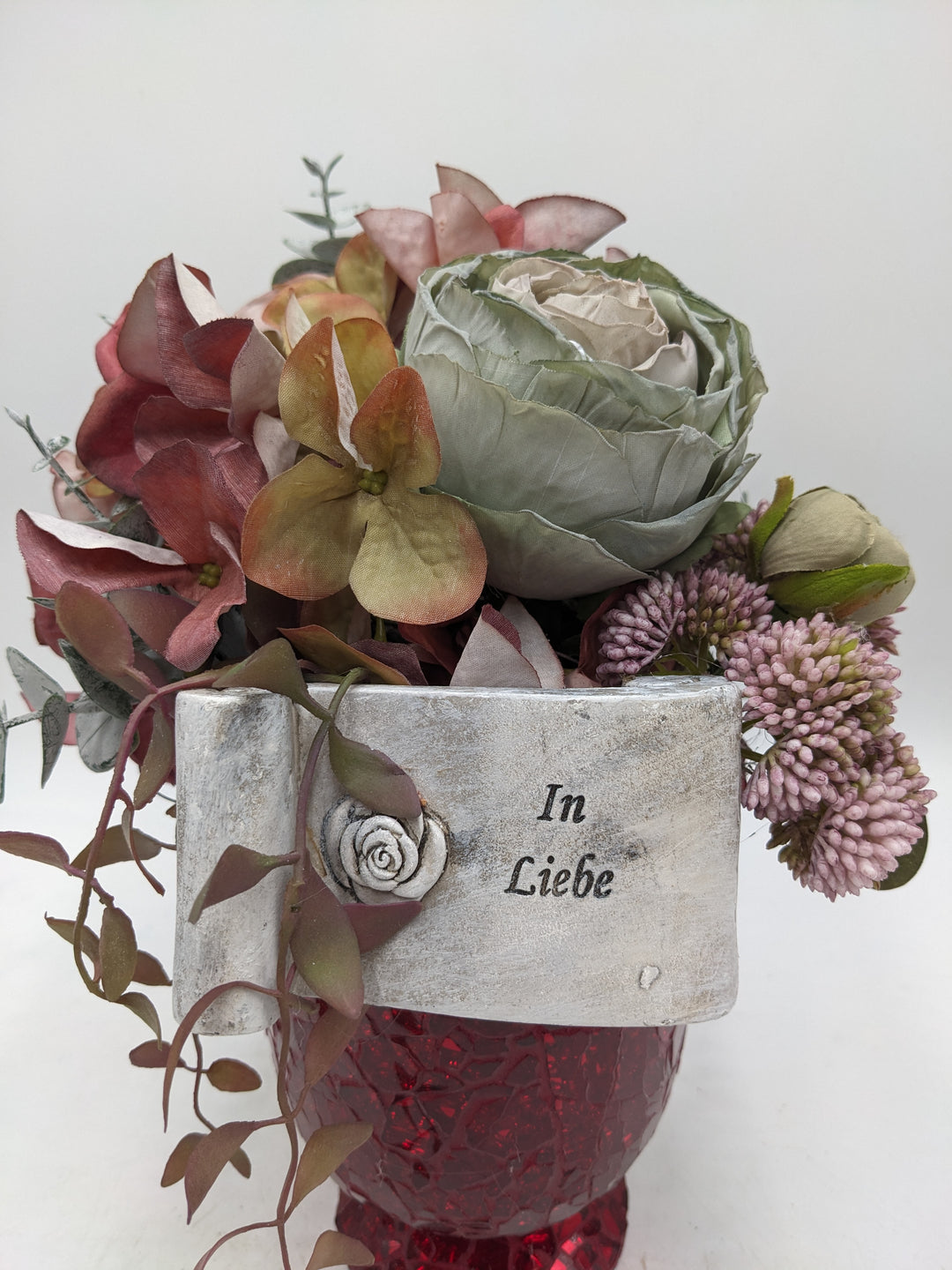 Trauergesteck Rose Hortensie rot