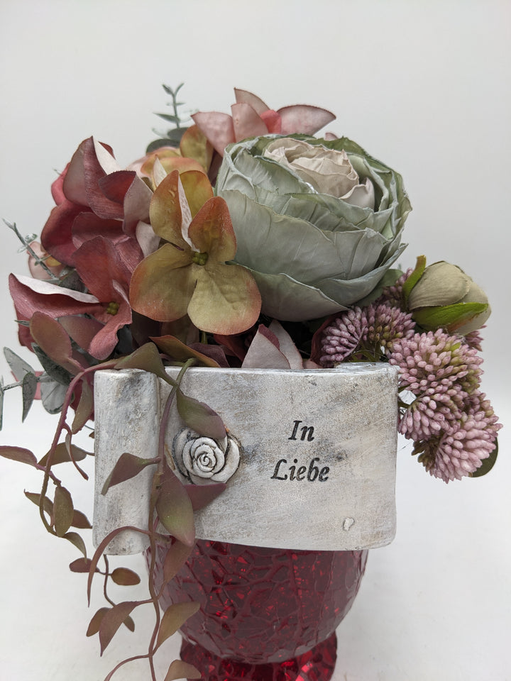 Trauergesteck Rose Hortensie rot