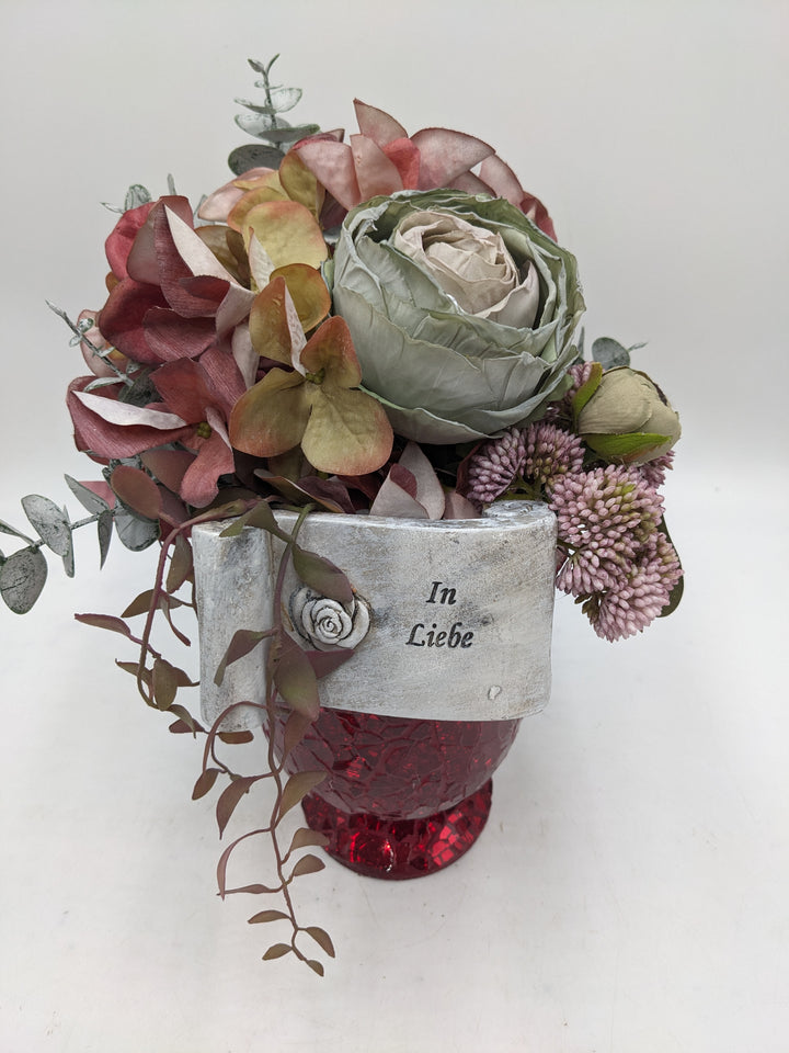 Trauergesteck Rose Hortensie rot