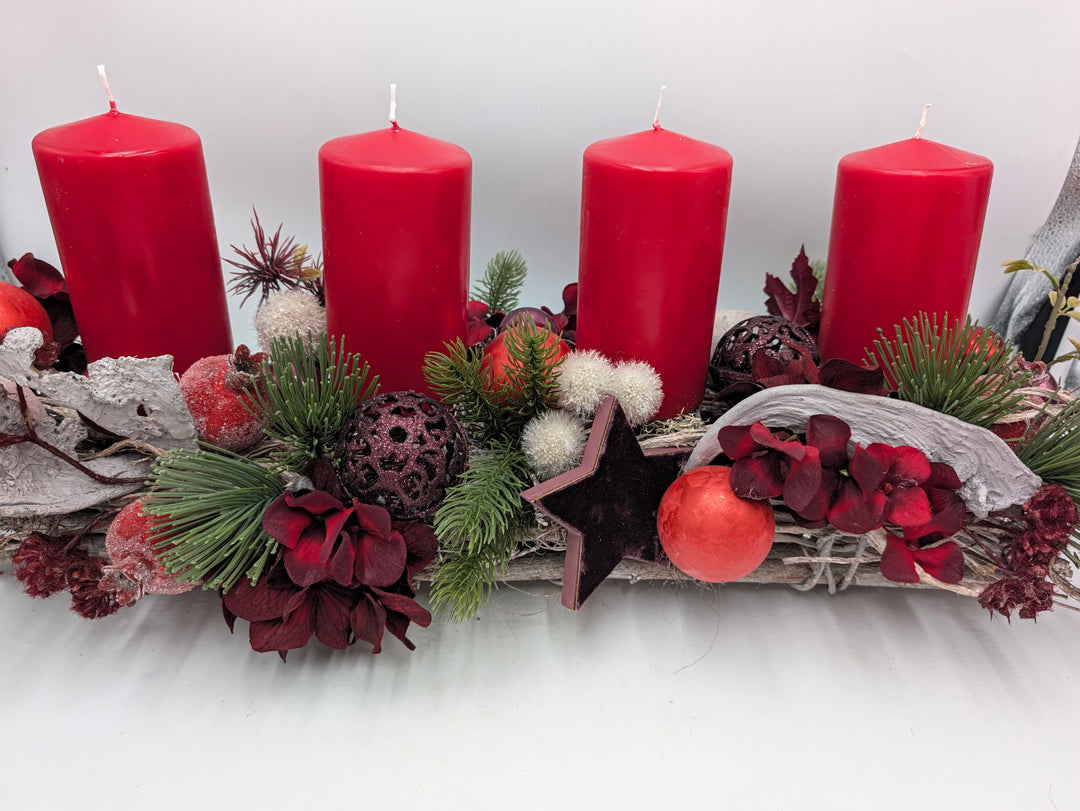 Adventsgesteck Stern Hortensie rot