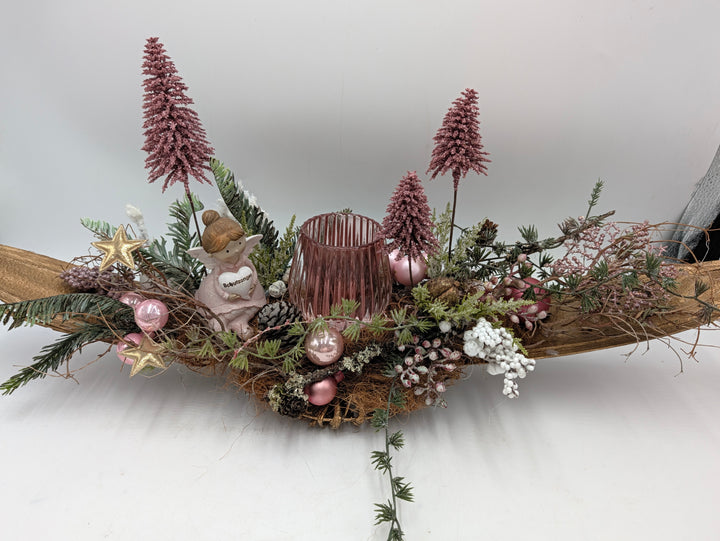 Weihnachtsgesteck Schutzengel Teelicht gold rosa