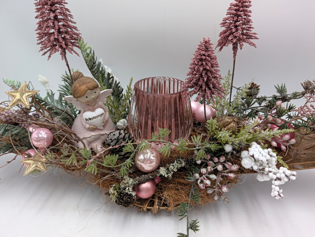 Weihnachtsgesteck Schutzengel Teelicht gold rosa
