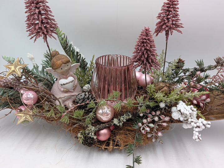 Weihnachtsgesteck Schutzengel Teelicht gold rosa