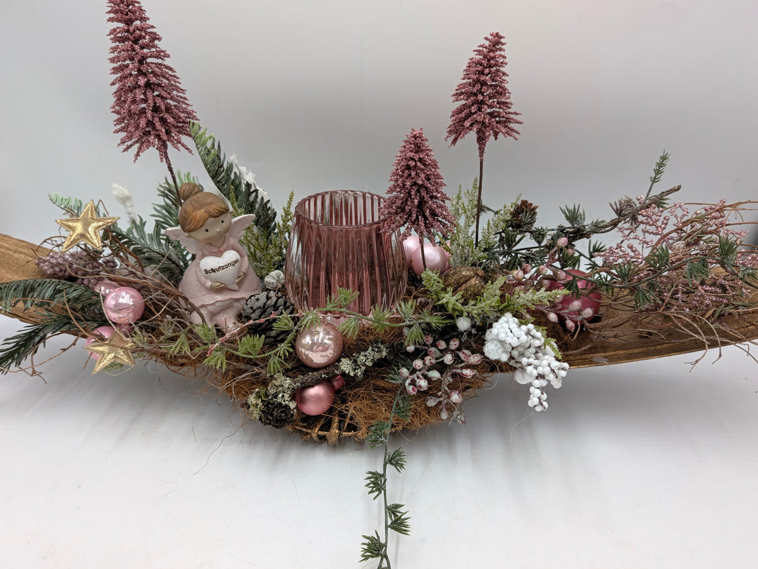 Weihnachtsgesteck Schutzengel Teelicht gold rosa