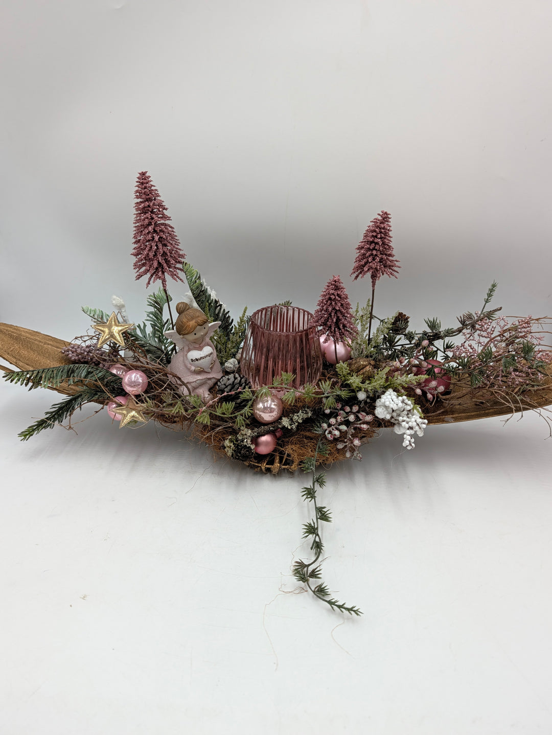 Weihnachtsgesteck Schutzengel Teelicht gold rosa