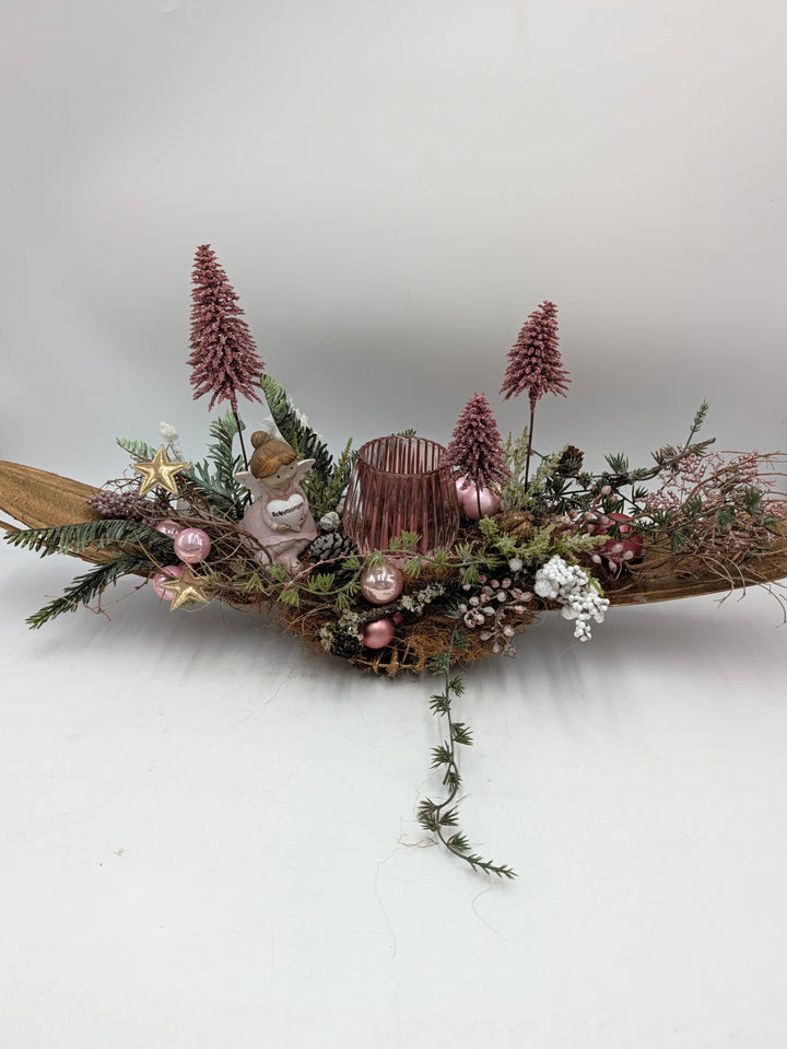 Weihnachtsgesteck Schutzengel Teelicht gold rosa