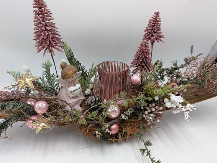 Weihnachtsgesteck Schutzengel Teelicht gold rosa