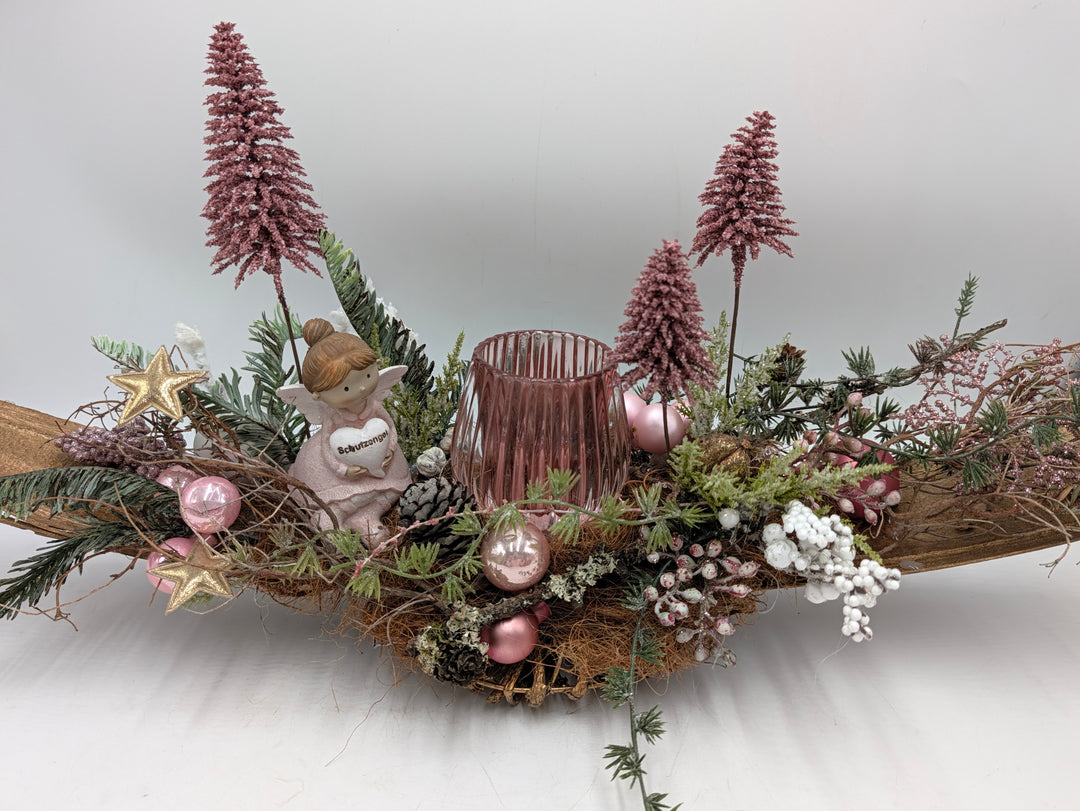 Weihnachtsgesteck Schutzengel Teelicht gold rosa