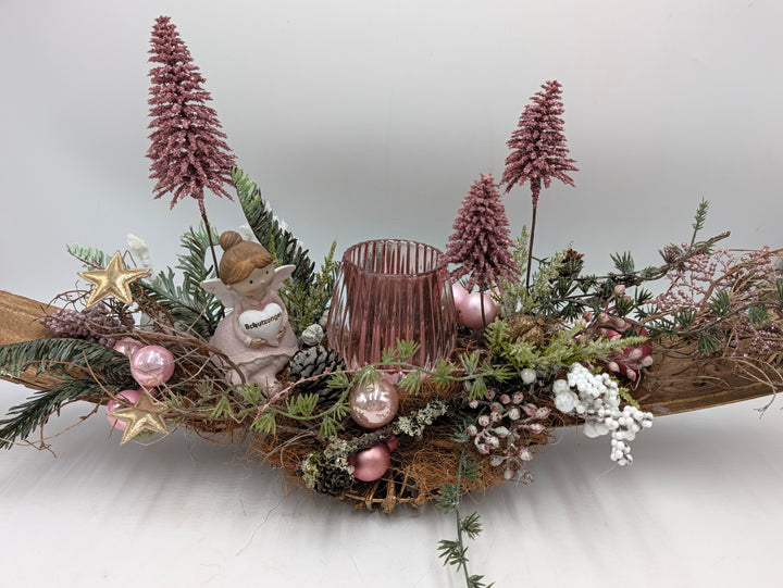 Weihnachtsgesteck Schutzengel Teelicht gold rosa