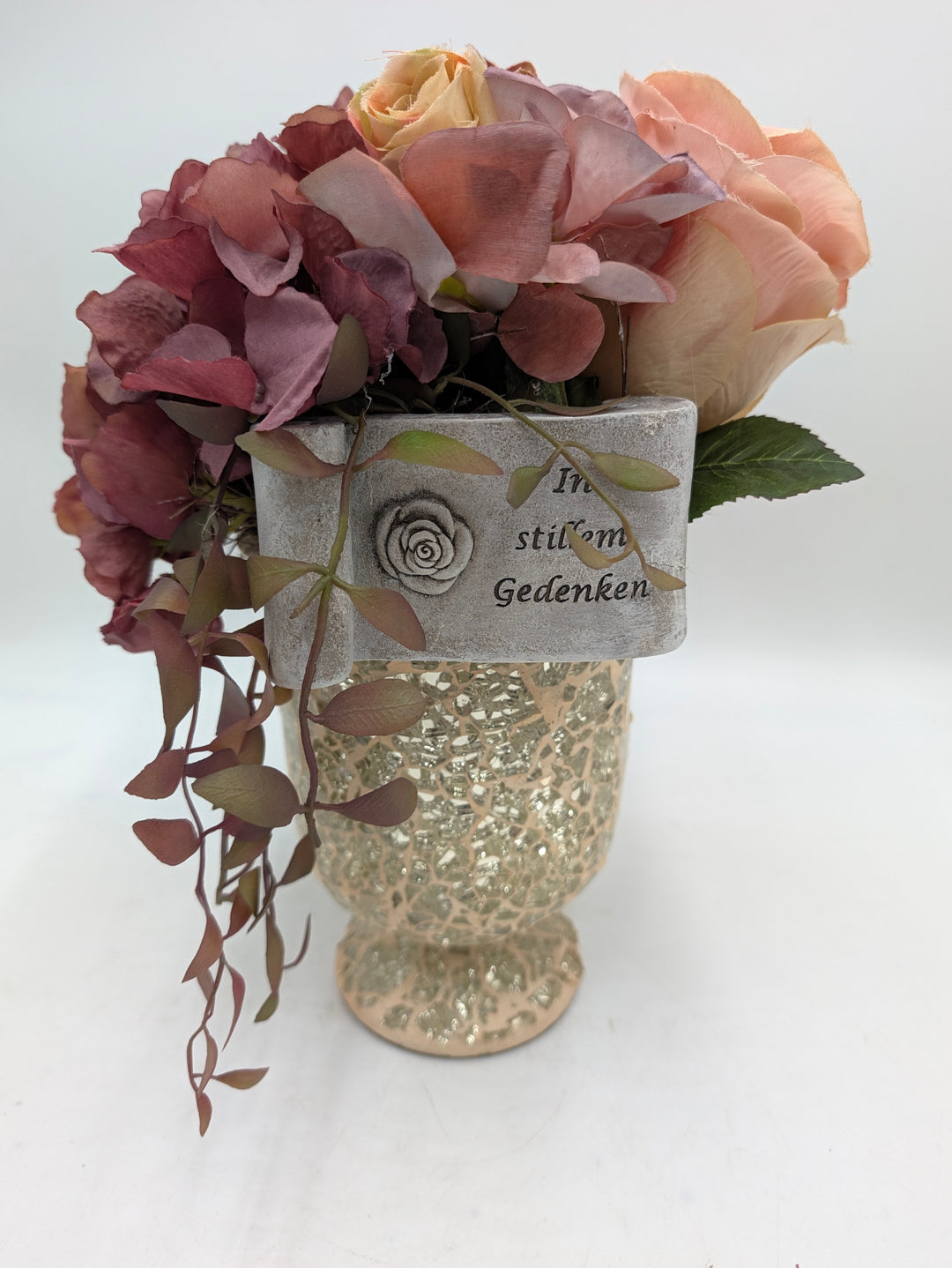 Trauergesteck Rosen Hortensie gold rosa