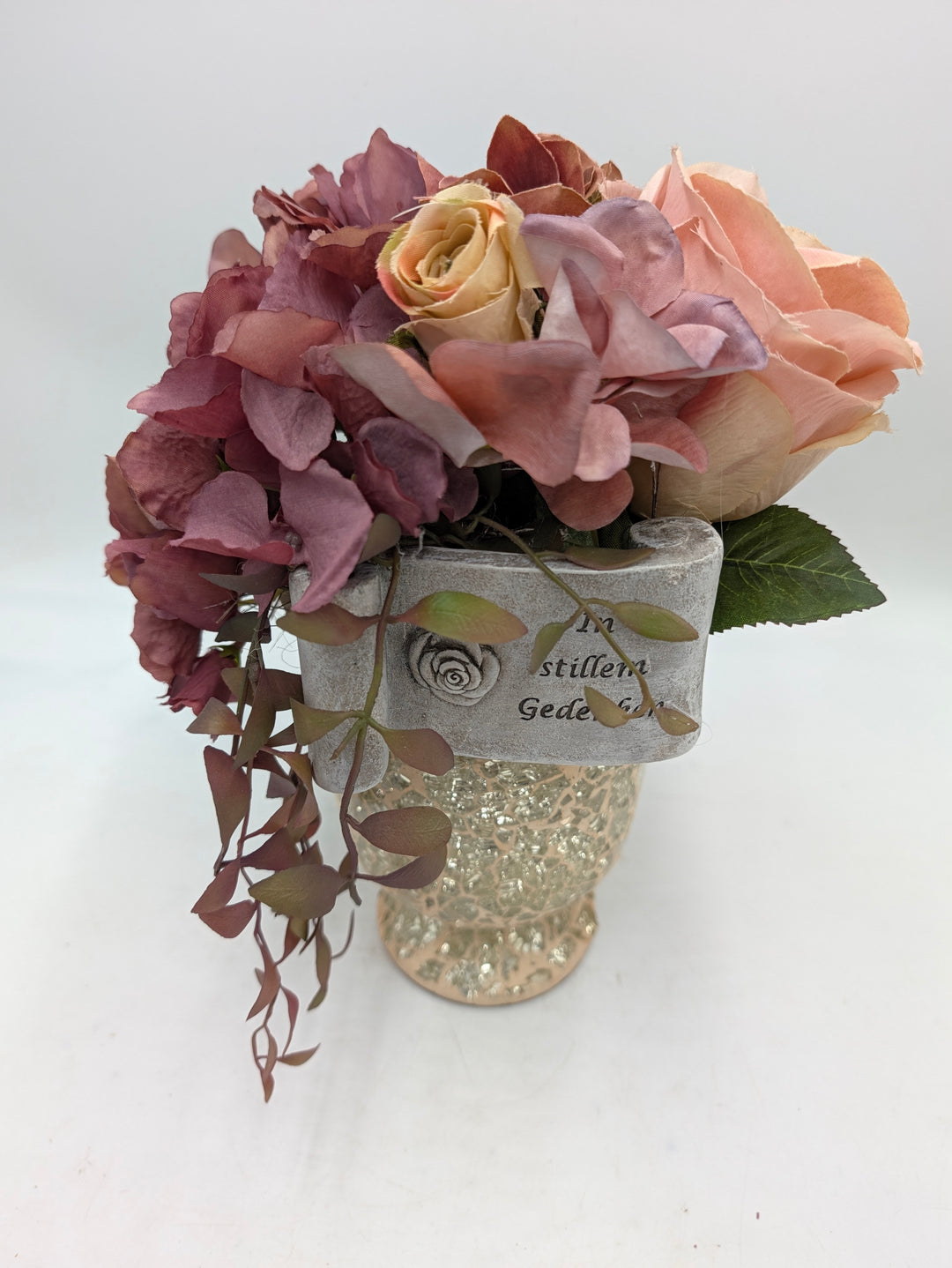 Trauergesteck Rosen Hortensie gold rosa